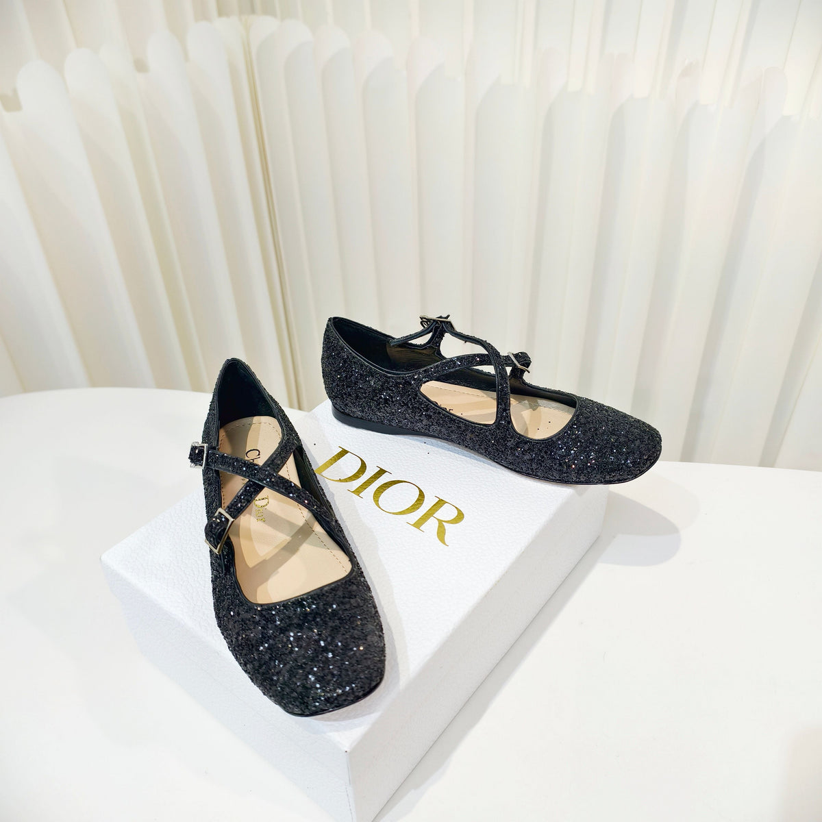 Dior 26s Mary Jane Flats Black Sequin Embroidered Fabric