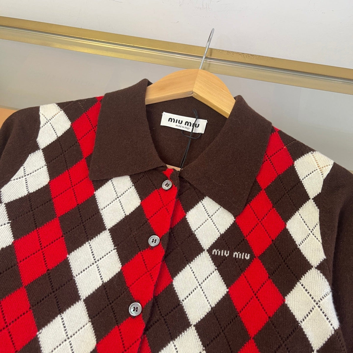 Miumiu 2026 Argyle Pattern Cardigan Dark Brown Cashmere 435392
