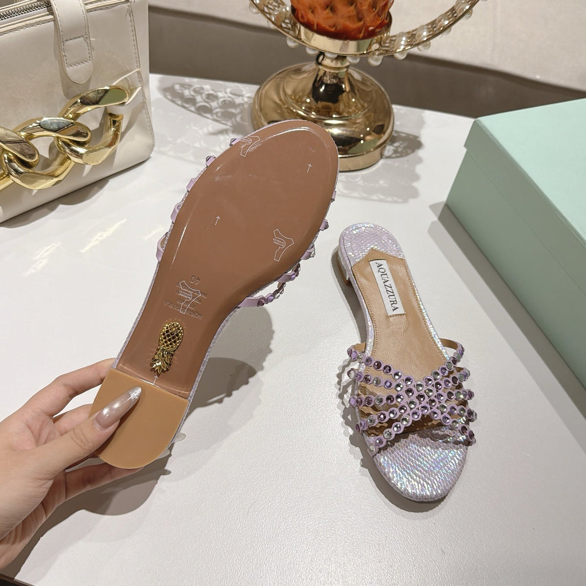 Aquazzura 26s Slides Light Purple Snakeskin Crystal Embellished 749301