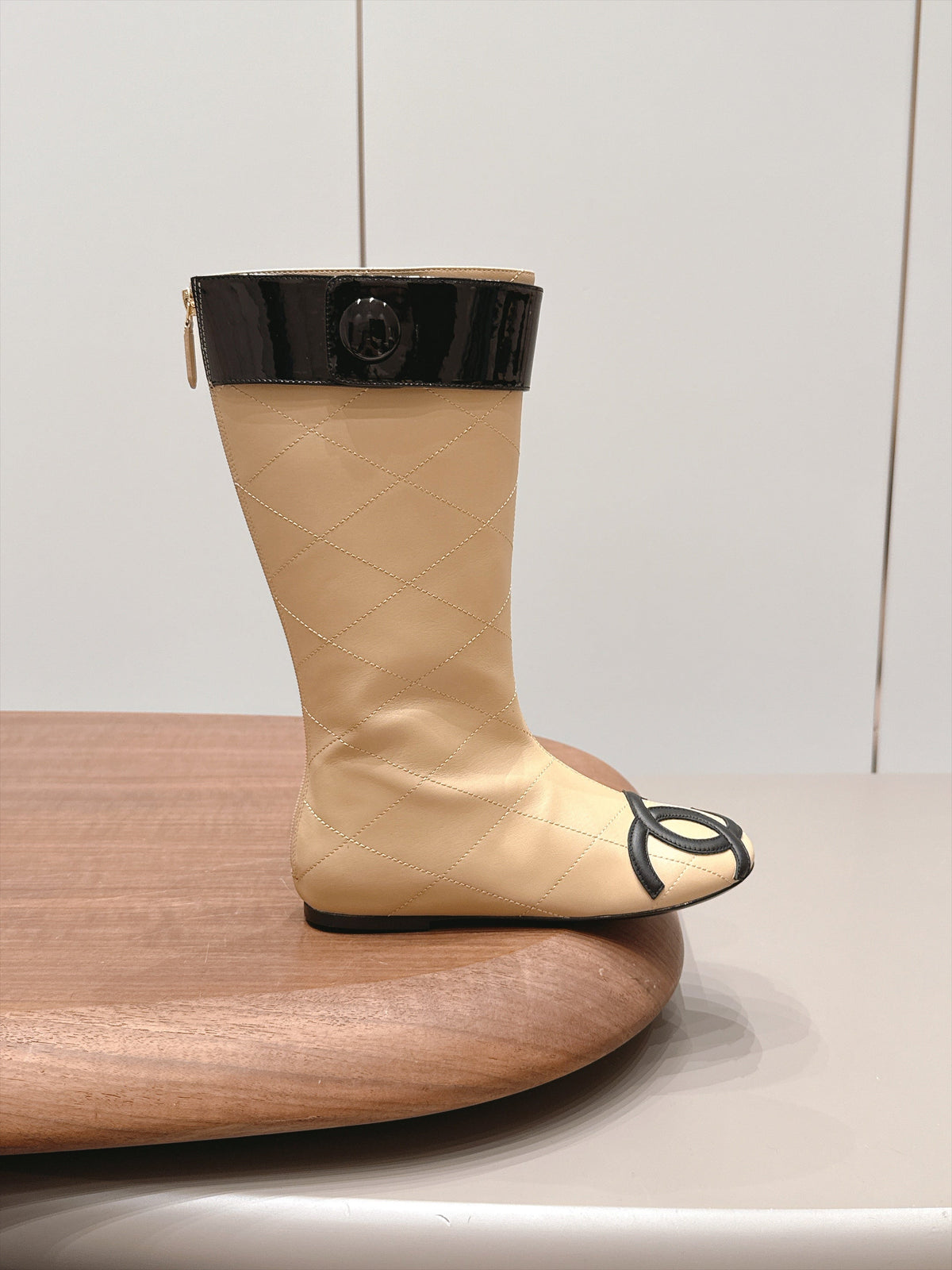 Chanel 26s Knee High Boots Beige Quilted Calfskin Black Patent Cuff