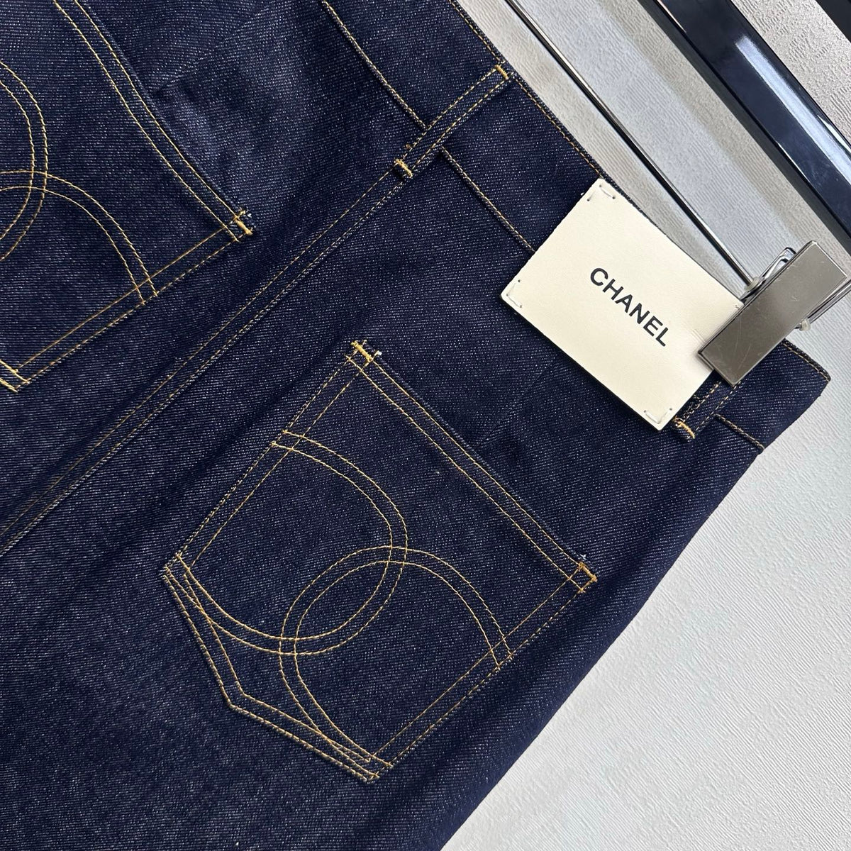 CC 26FW High-Waisted Slit Denim Skirt Double-C Pocket Detail Blue Cotton 441481