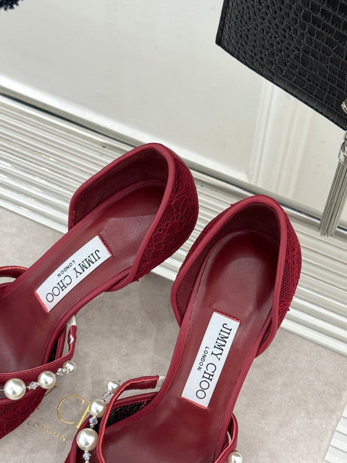 Jimmy Choo 26S High Heels 6.5cm Dark Red Lace Pearl-Embellished 384159