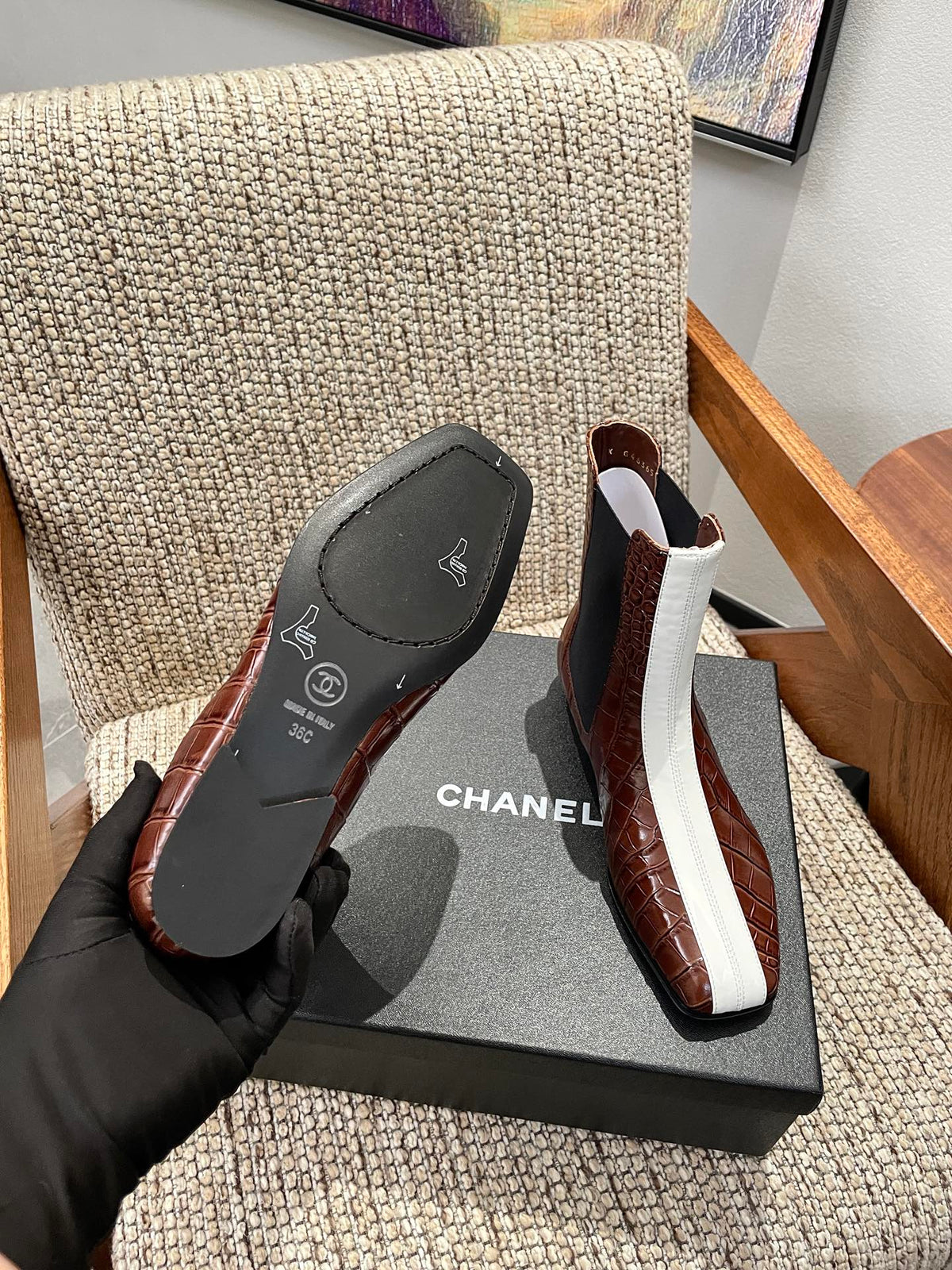 Chanel 26s Ankle Boots Brown Crocodile Embossed Calfskin White Trim