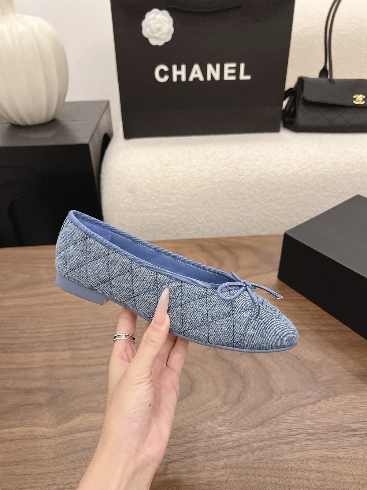 Chanel 26s Ballet Flats Blue Denim CC Logo Bow Detail