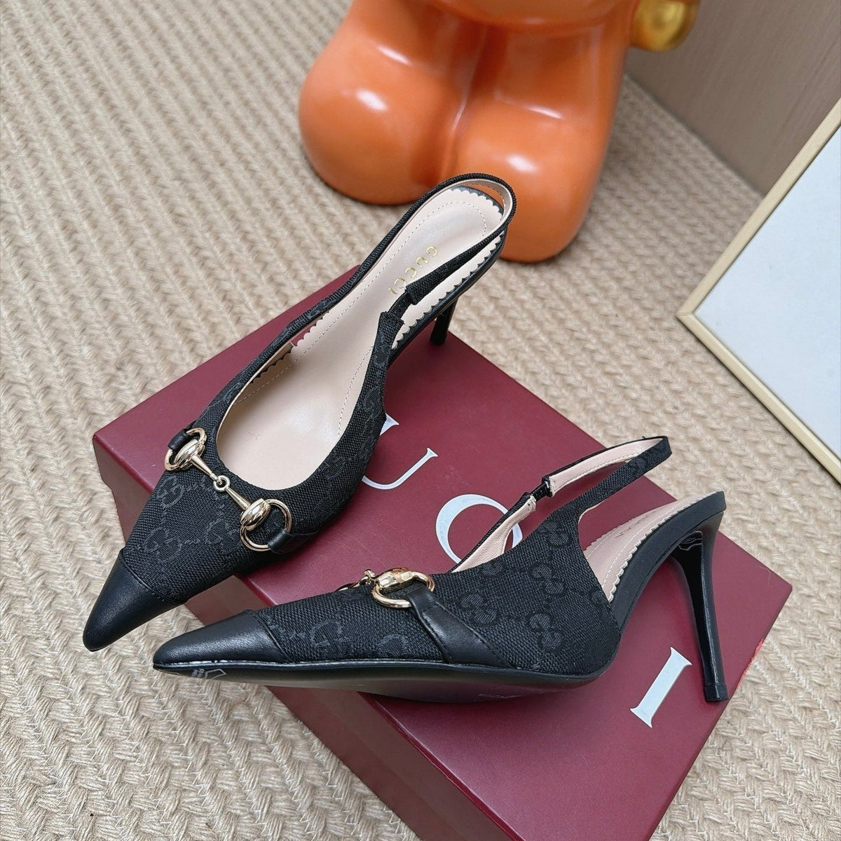 Gucci 26s Slingback Heels 10.5cm Black Canvas Mix Lambskin