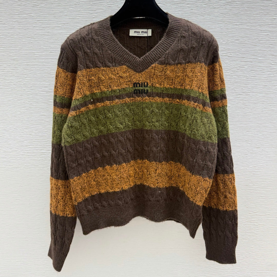 Miu 26FW Cable-Knit V-Neck Striped Sweater Brown Multi-Color Wool 313356