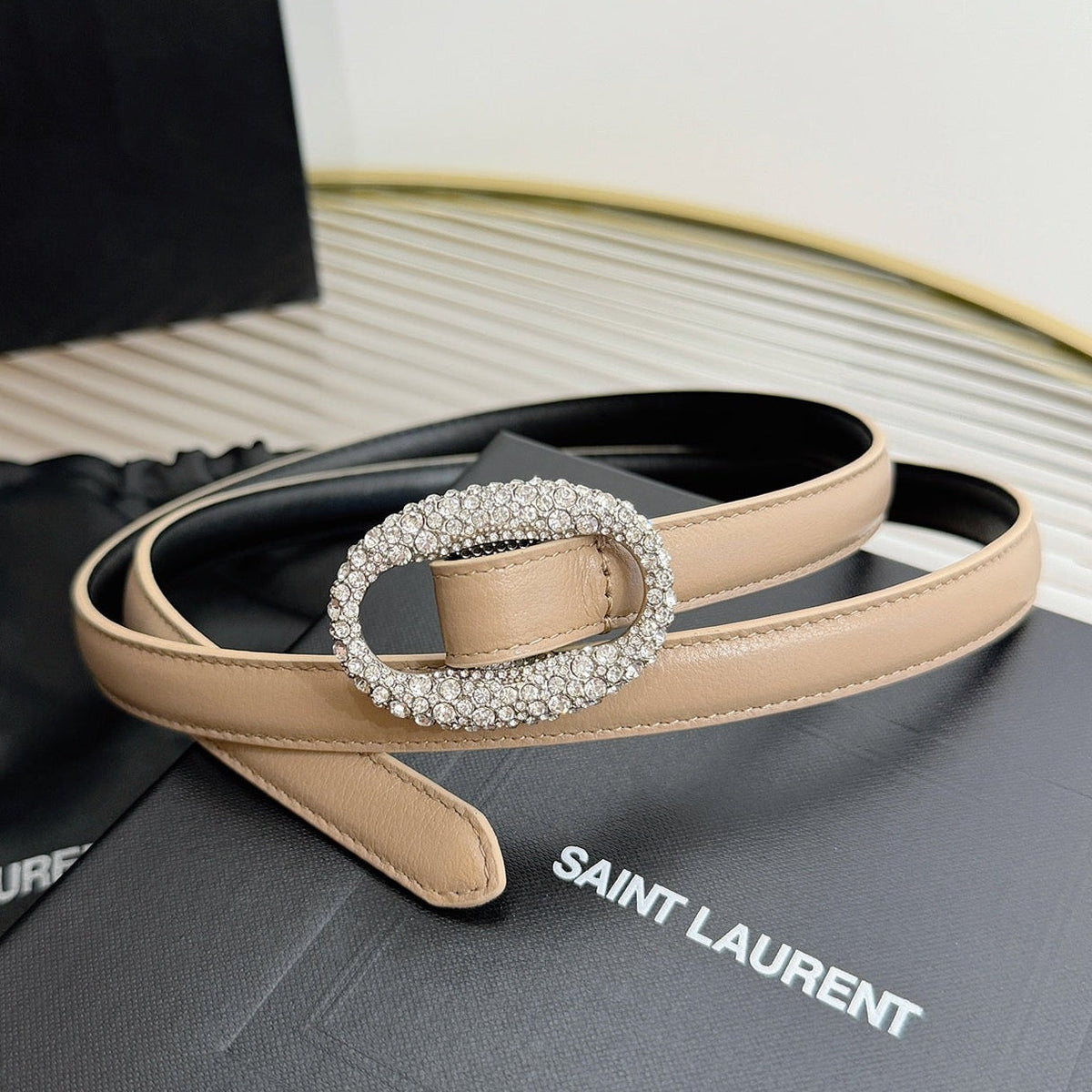 Saint Laurent 2026 Oval Belt 15mm Beige Leather 219073