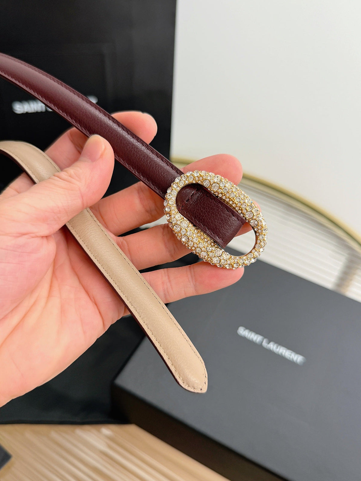 Saint Laurent 2026 Oval Belt 15mm Burgundy Leather 219084