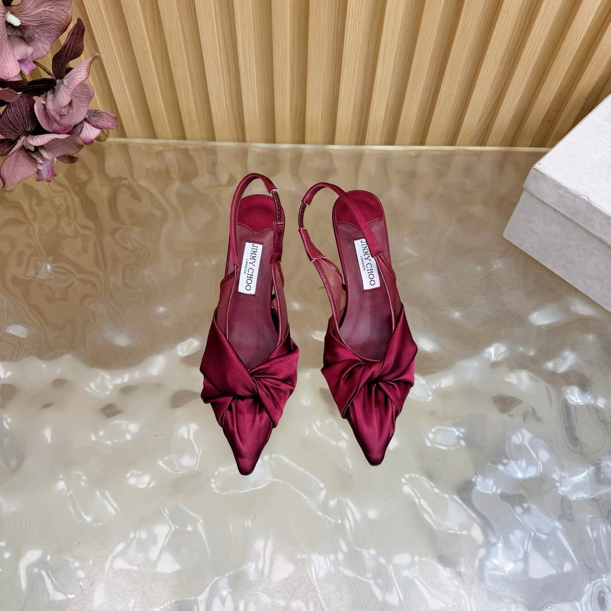 Jimmy Choo 26S Slingback Heels 6.0cm Dark Red Satin With Knot Detail 384192