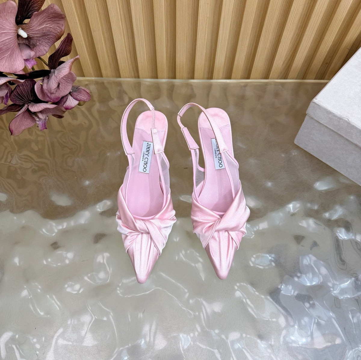 Jimmy Choo 26S Slingback Heels 6.0cm Light Pink Satin With Knot Detail 521946