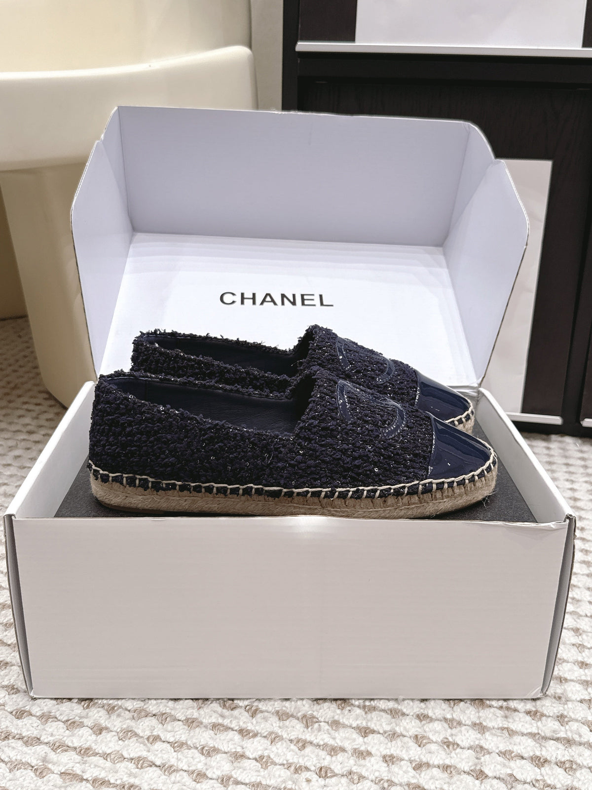 CC 26S Slip-Ons in Navy Blue Tweed and Patent Calfskin