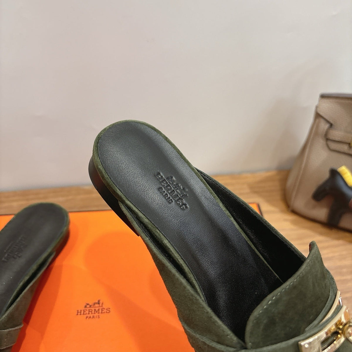 HM 26s Oz Mule Dark Olive Green Suede Gold Hardware