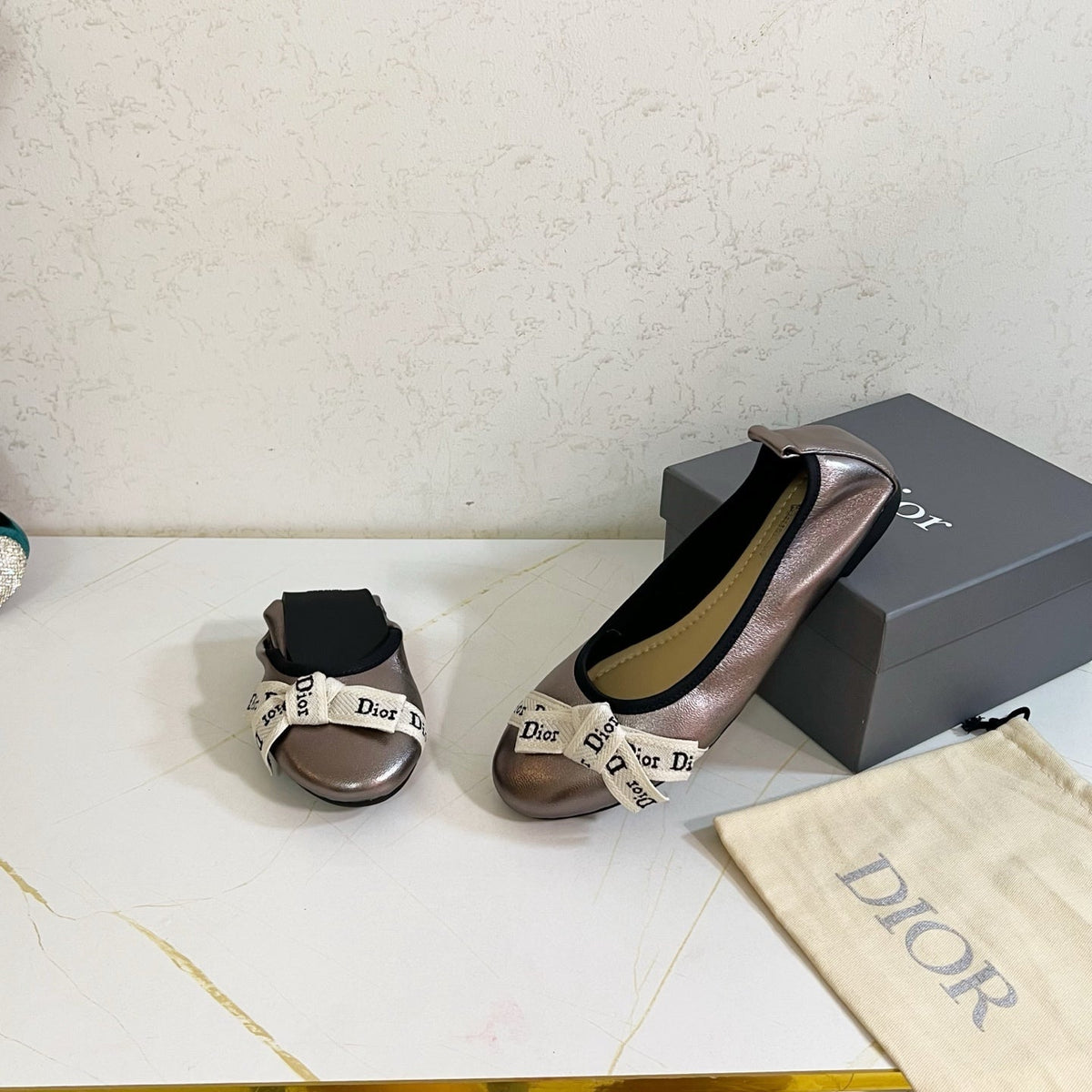 Dior 26s Bow Ballet Flats Taupe Metallic Calfskin