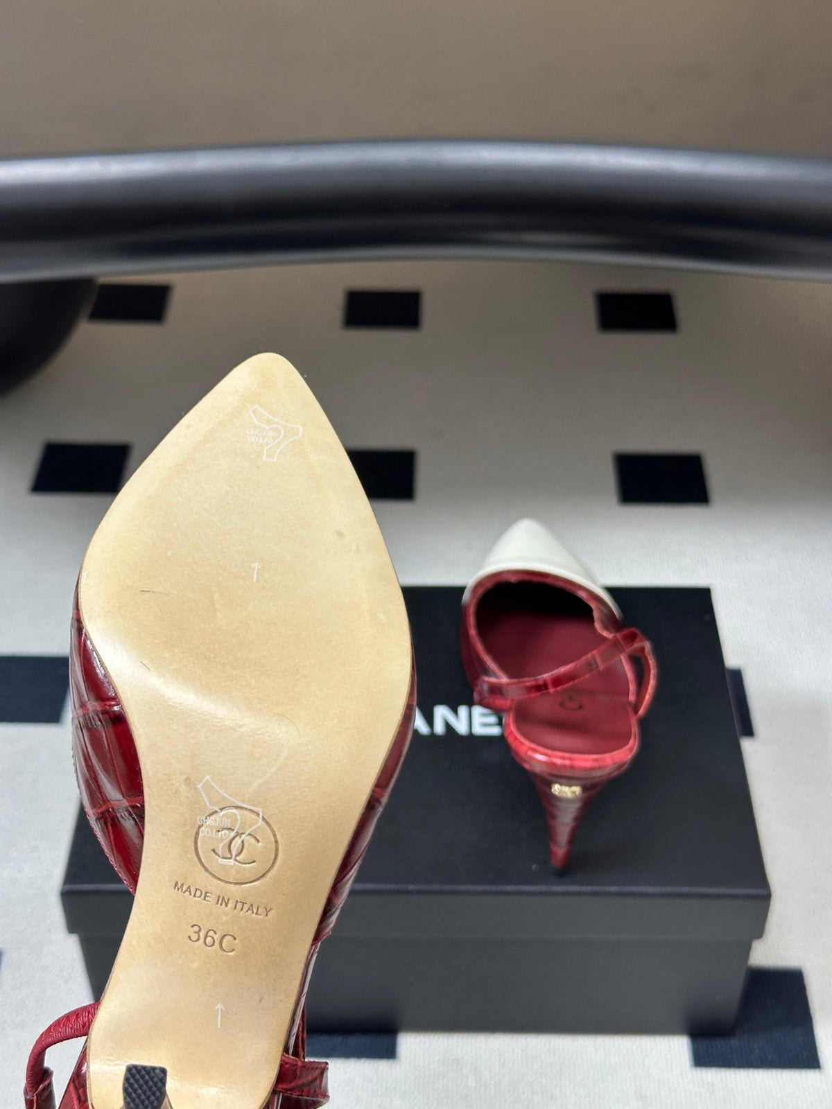 Chanel 26s Pointed Toe High Heel Slingbacks 8.5 Cm Dark Red Mix White Lambskin