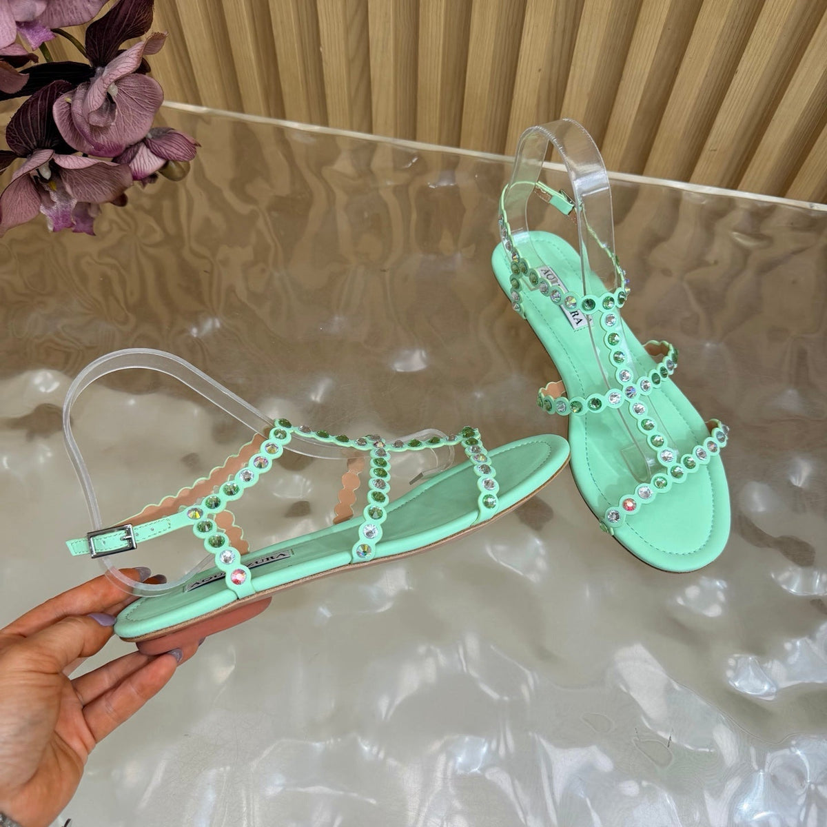 Aquazzura 26s Flat Sandals Mint Green Calfskin Crystal Embellished 694215
