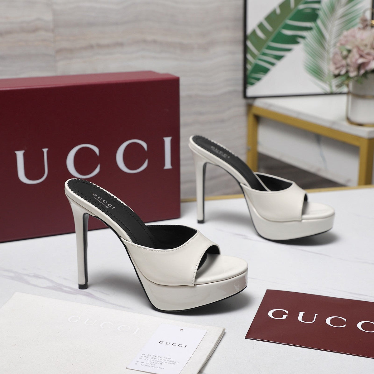 Gucci 26s Heeled Slide Sandals 12cm White Patent Calfskin