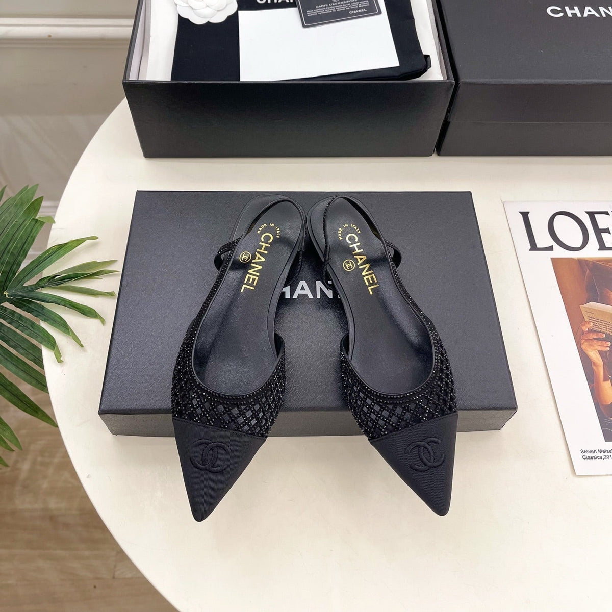Chanel 26s Flat Pointed Toe Slingback Black Mesh