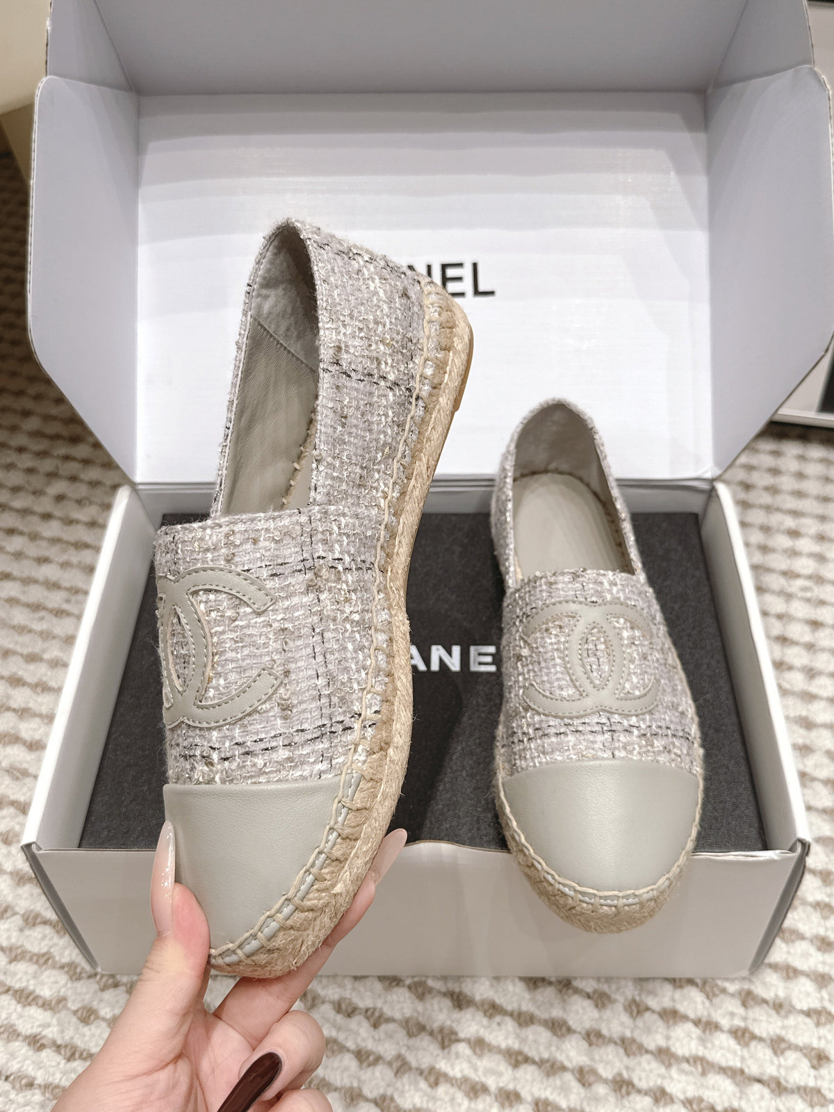 CC 26S Slip-Ons in Grey Tweed and Patent Calfskin