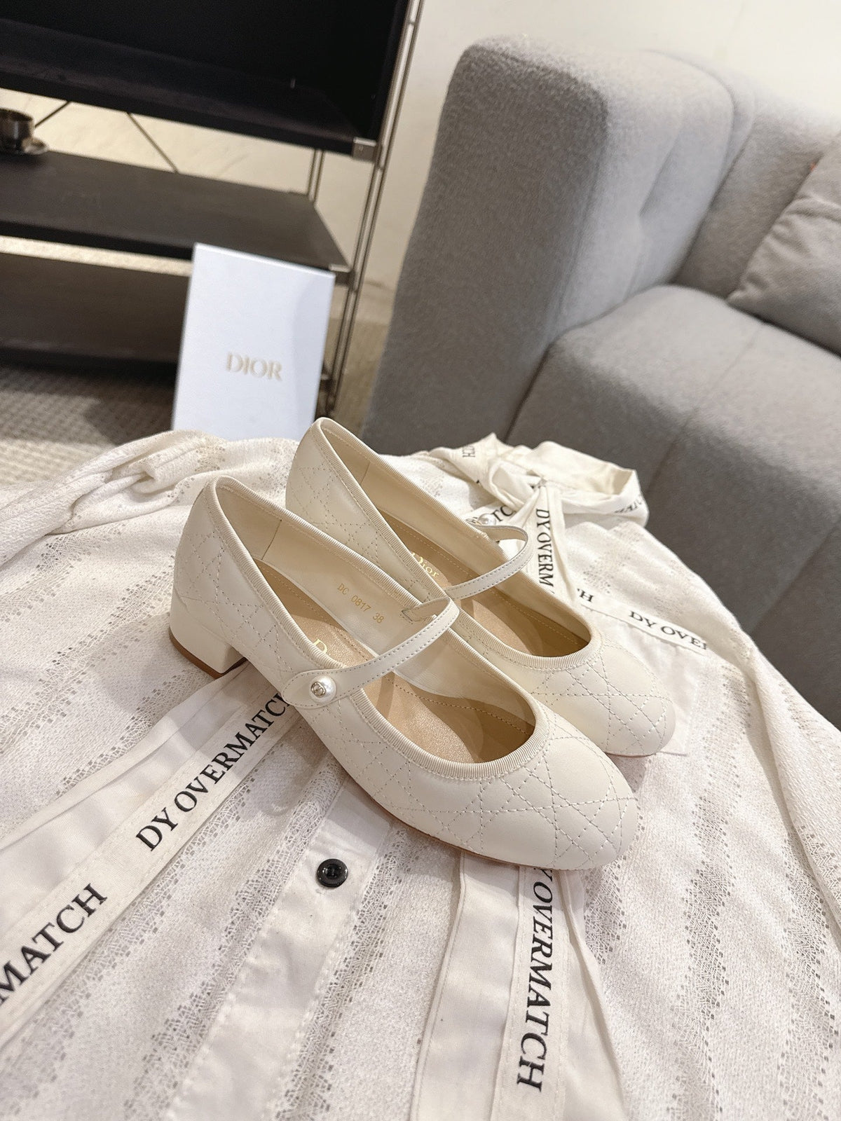 Dior 26s Mary Jane Pumps Cream White Lambskin Pearl-Adorned Strap