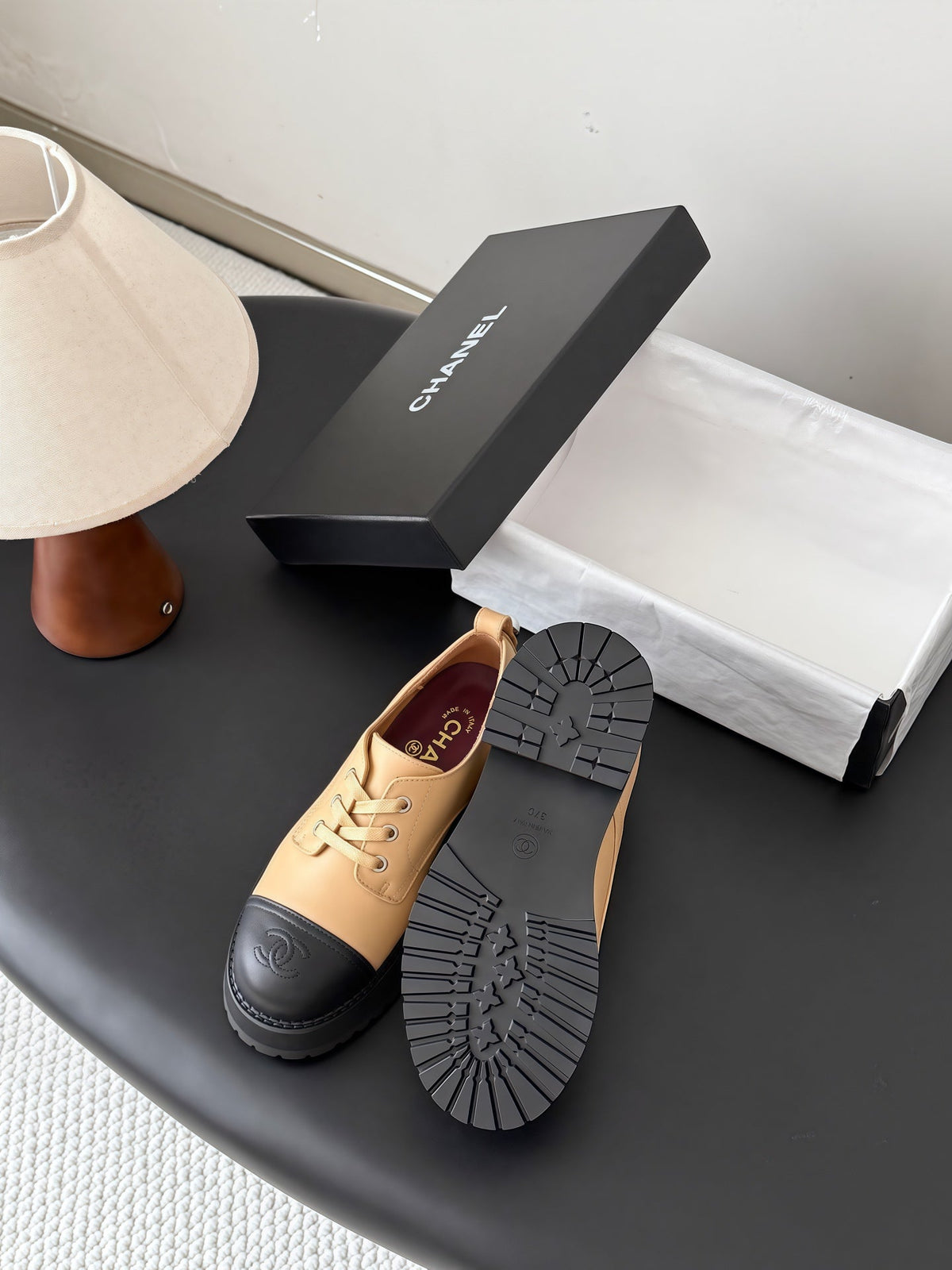 Chanel 26s Lace Up Platform Black Beige Calfskin