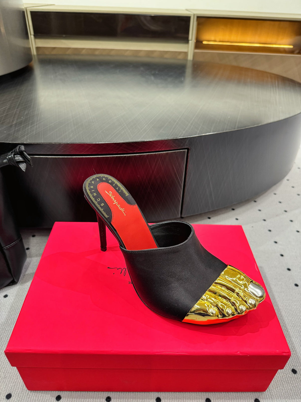 MS Trompe L'oeil Toe Mules 10.5cm  Black Gold Leather Blend With Silk