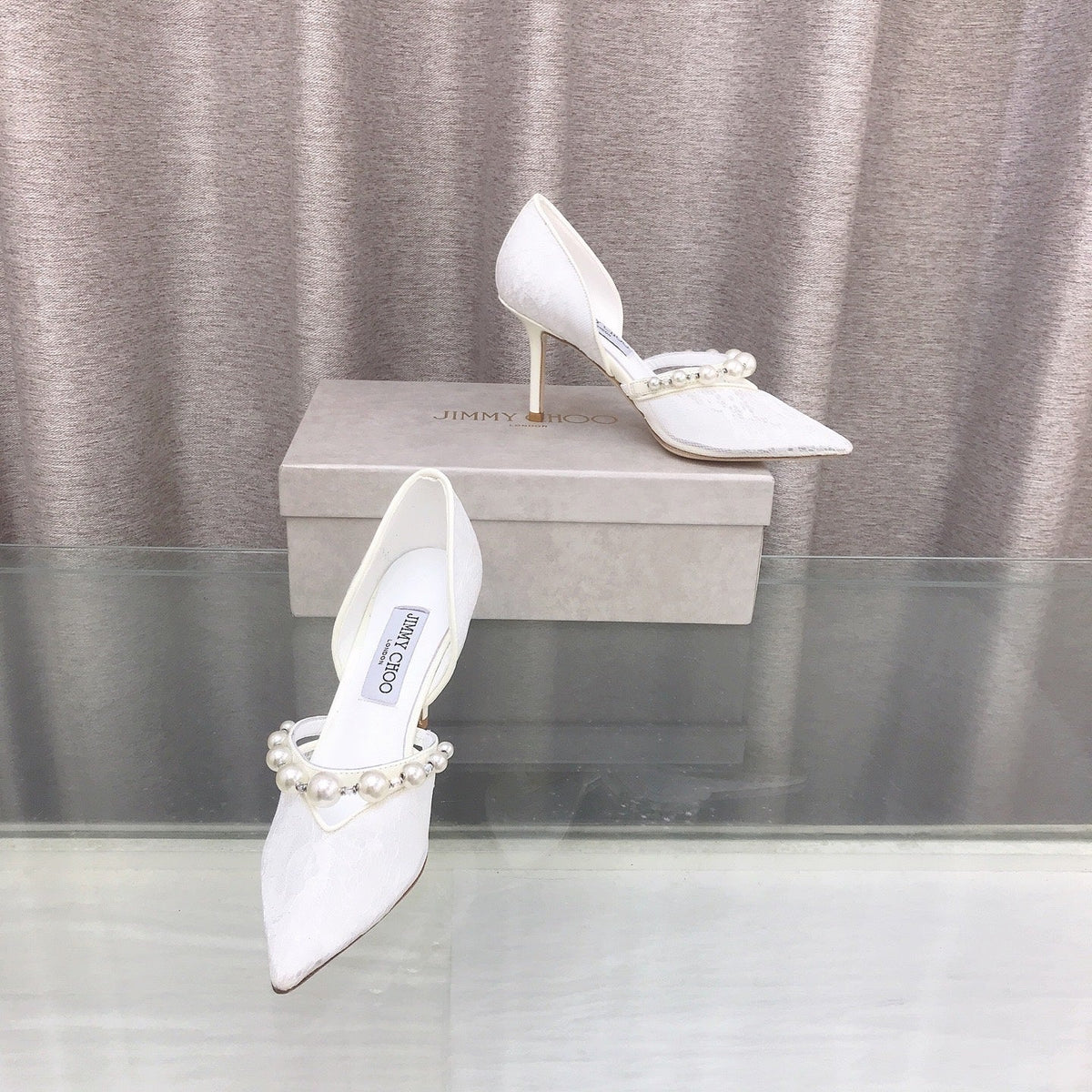 Jimmy Choo 26S High Heels 8.5cm White Lace Pearl-Embellished 395174