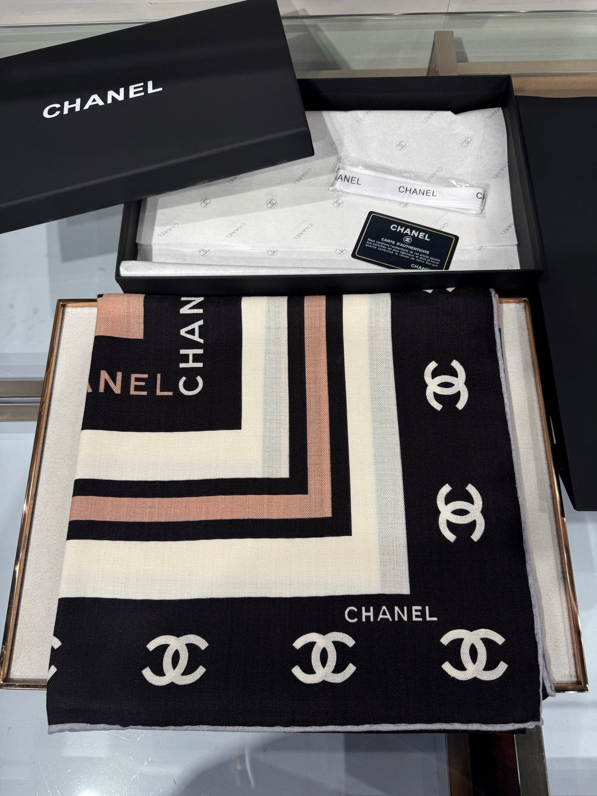 Chanel 2026 CC Logo Square Scarf Black Silk Cashmere 219223