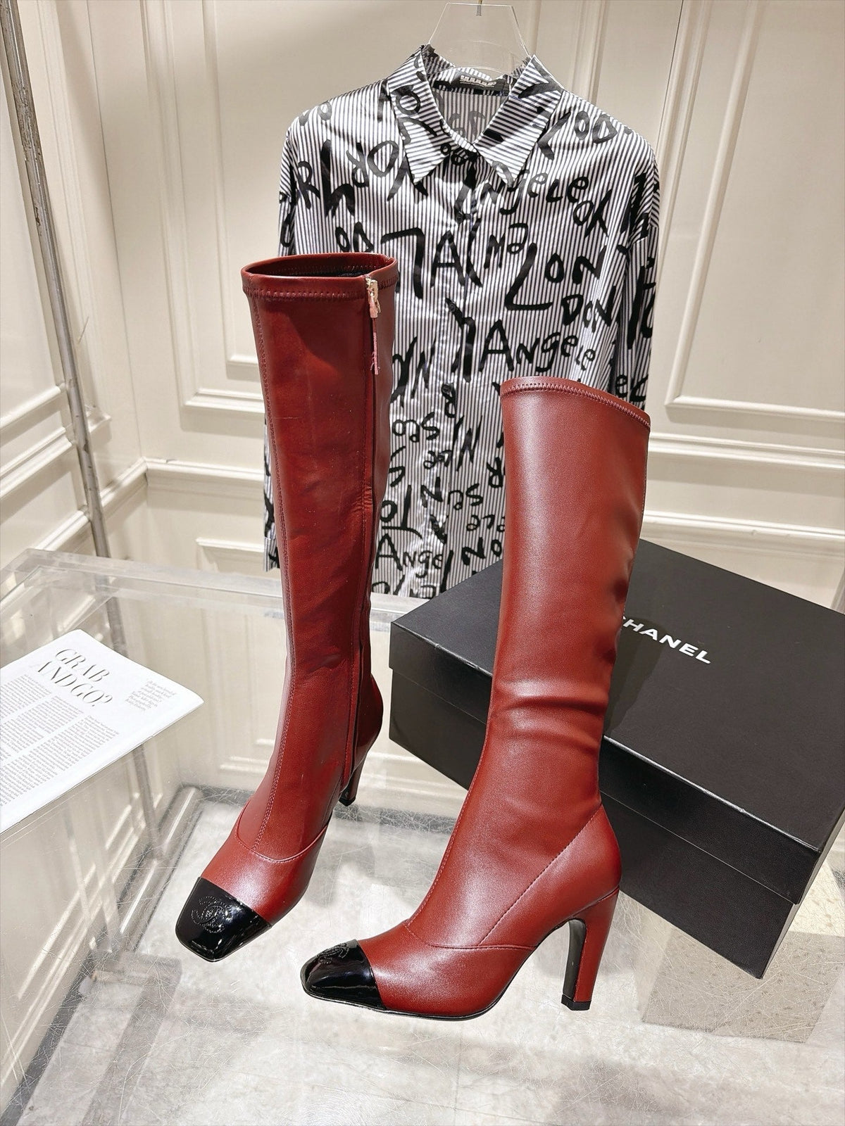 Chanel 26s High Heel Knee High Boots 8 Cm Burgundy Calfskin Black Patent Leather