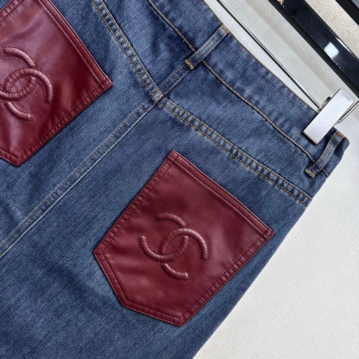 CC 26FW High-Waisted Slit Denim Midi Skirt Chain Trim Blue Cotton 441472