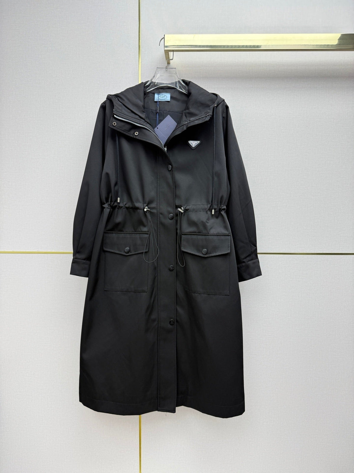 Prad 26SS Hooded Long Trench Coat Triangle Logo Drawstring Waist Cotton 437675