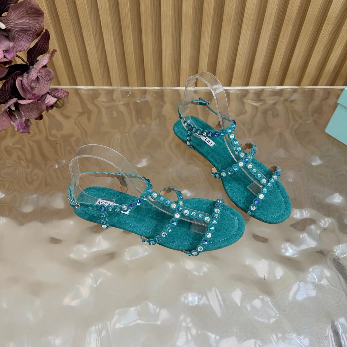 Aquazzura 26s Flat Sandals Teal Green Suede Crystal Embellished 615934