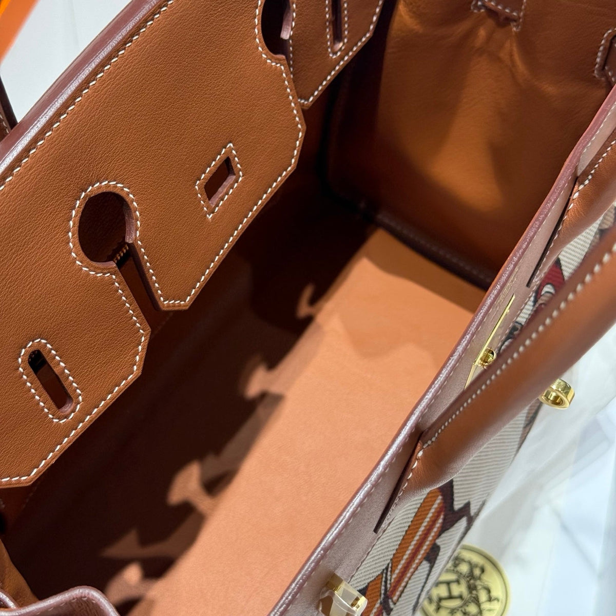 HM Birkin 40cm Golden Brown Swift Cowhide With Horse Totem Beige Canvas Fabric GHW