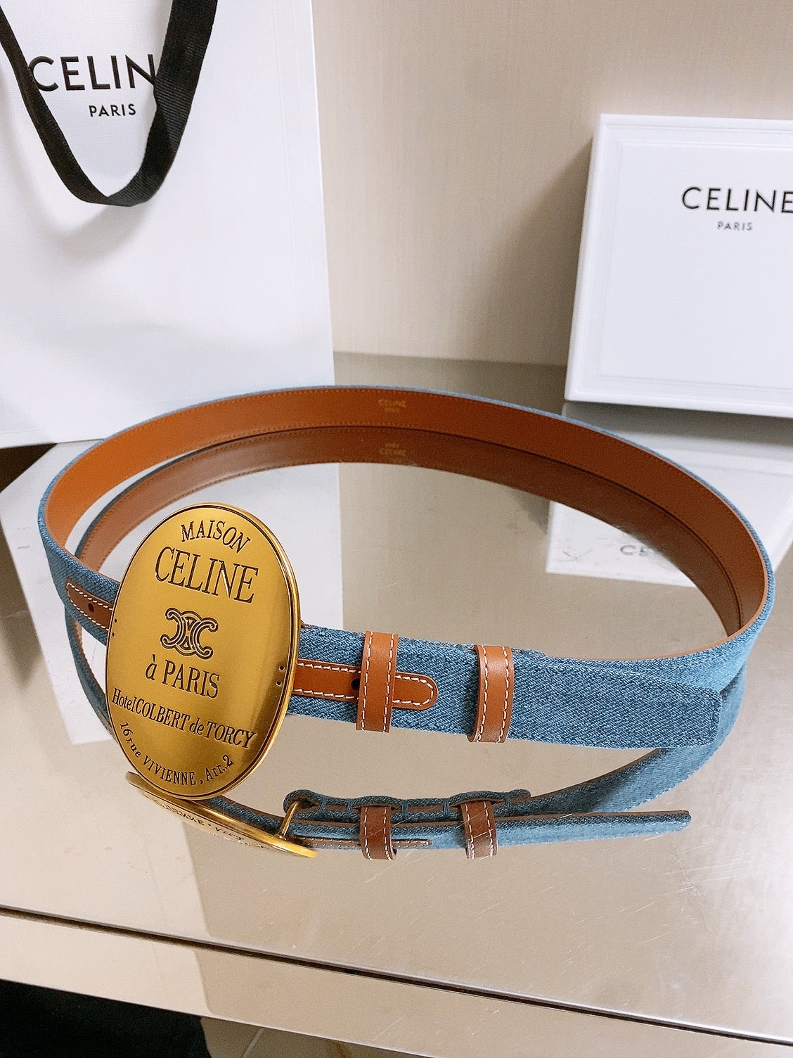 Celine 2026 Maison Oval Buckle Belt 25mm Blue Canvas Leather