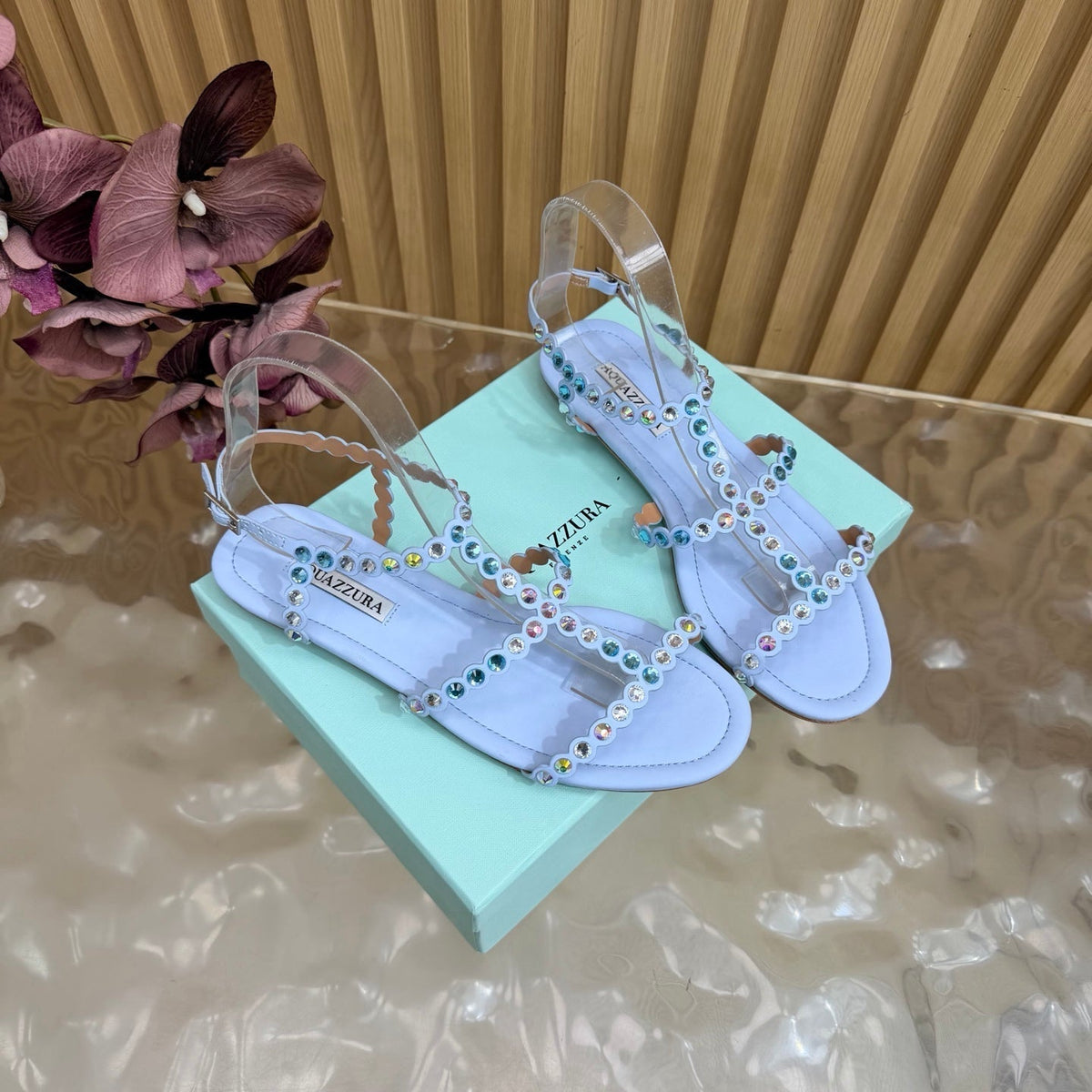 Aquazzura 26s Flat Sandals Light Blue Calfskin Crystal Embellished 471092
