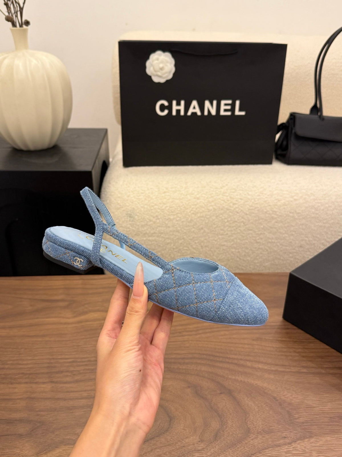 Chanel 26s Slingback Pumps Blue Denim Pointed Toe