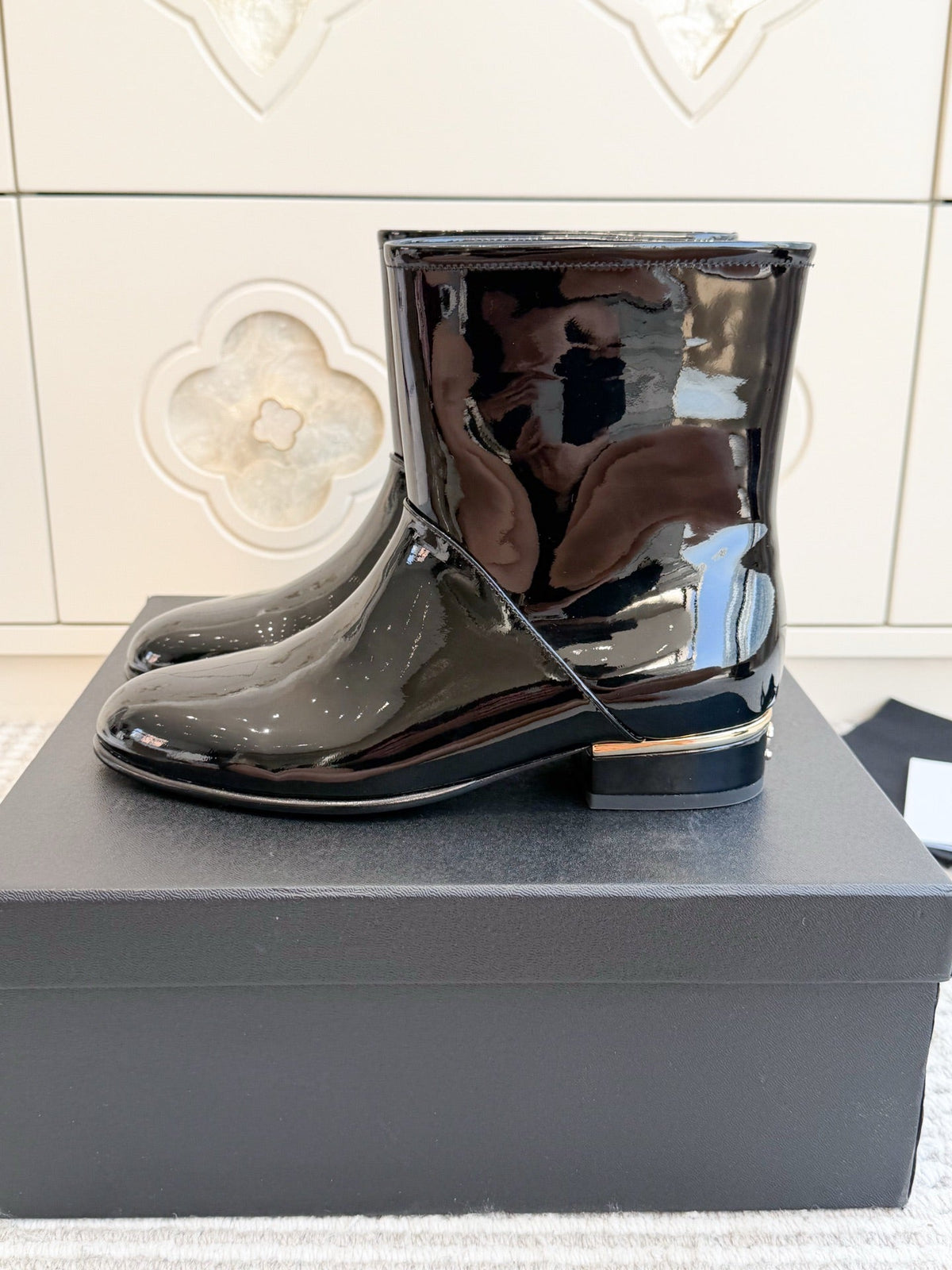 Chanel 26s Short Boots Black Patent Leather
