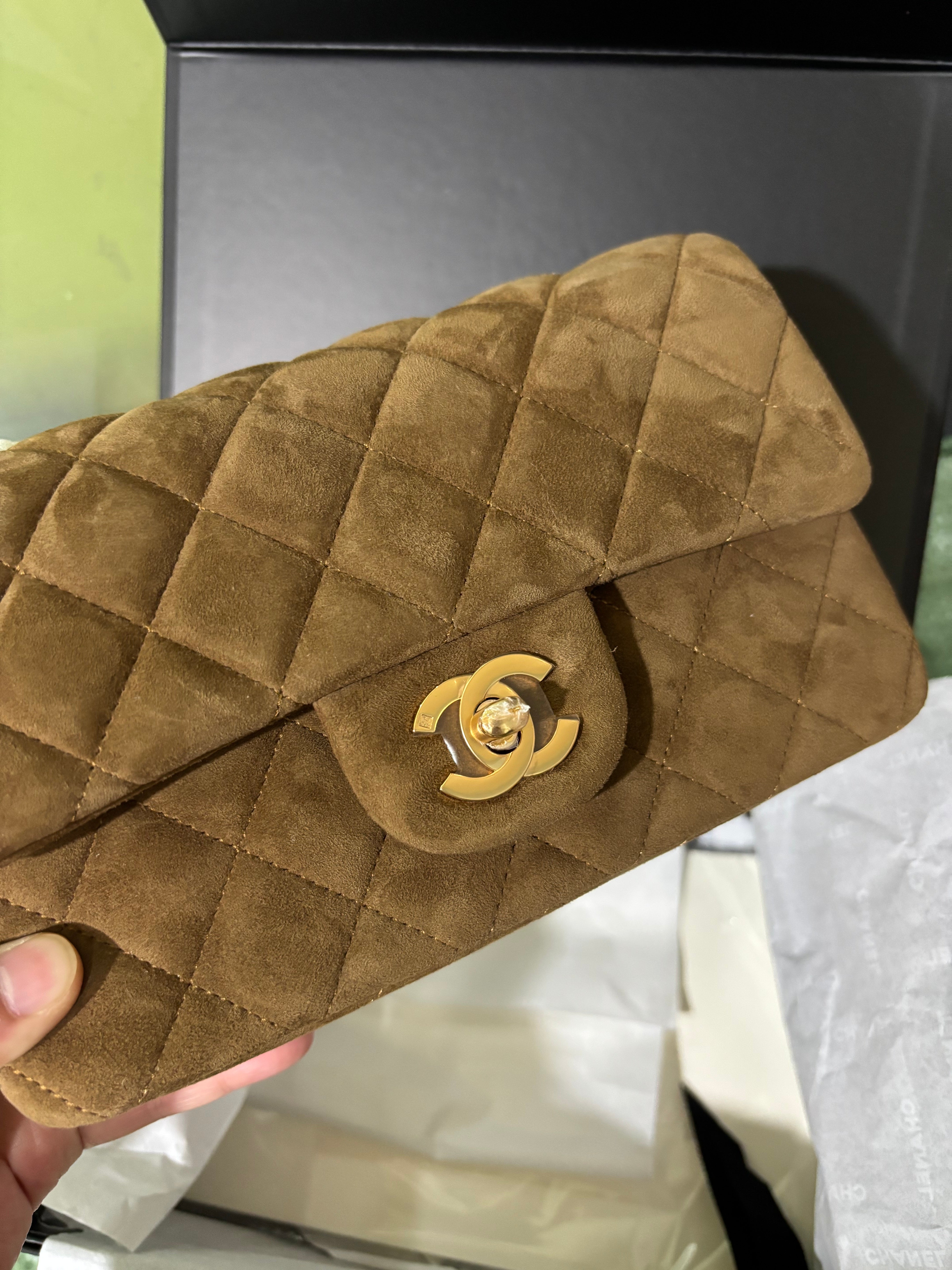 Classic Flap Bag 20cm Brown Suede Gold Hardware