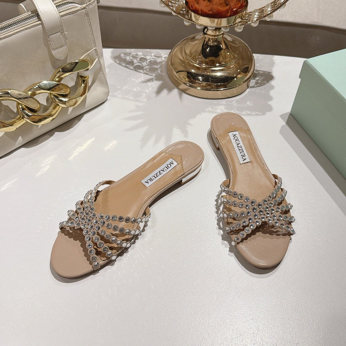 Aquazzura 26s Slides Beige Lambskin Crystal Embellished 619582