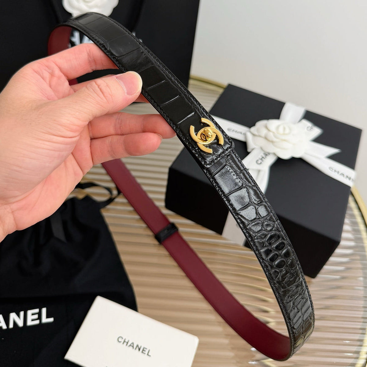 Chanel 2026 Crocodile Embossed Belt 25mm Gold Hardware Leather 219797