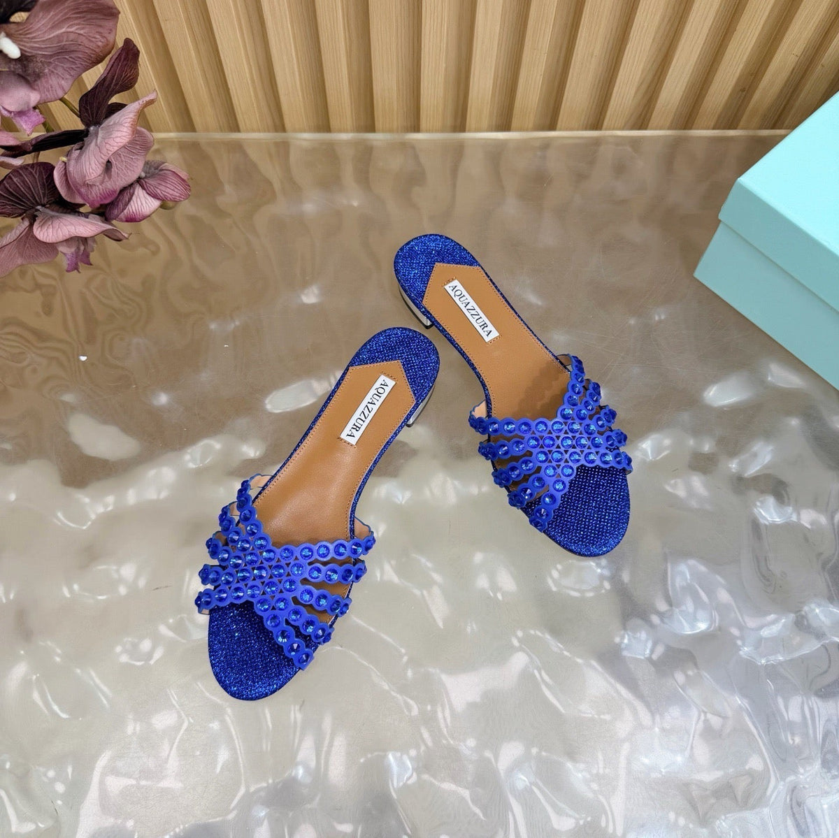 Aquazzura 26s Slides Navy Blue Lurex Fabric 614932