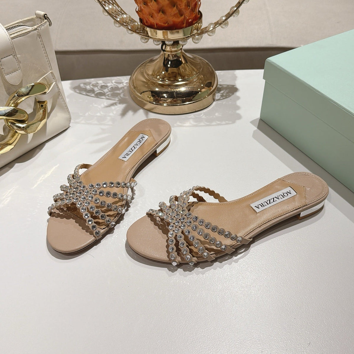 Aquazzura 26s Slides Beige Lambskin Crystal Embellished 619582