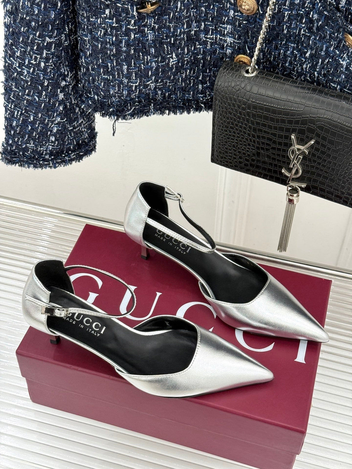 Gucci 26s High Heels 5.5cm Silver Lambskin