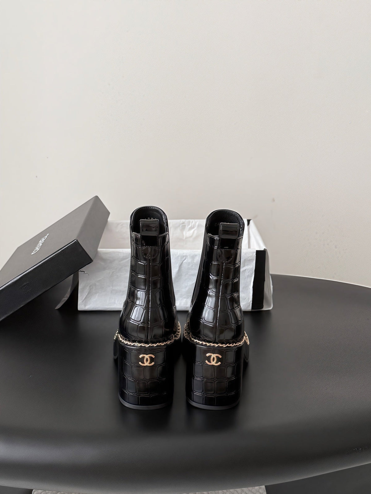 Chanel 26s Chelsea Ankle Boots 7 Cm Black Embossed Patent