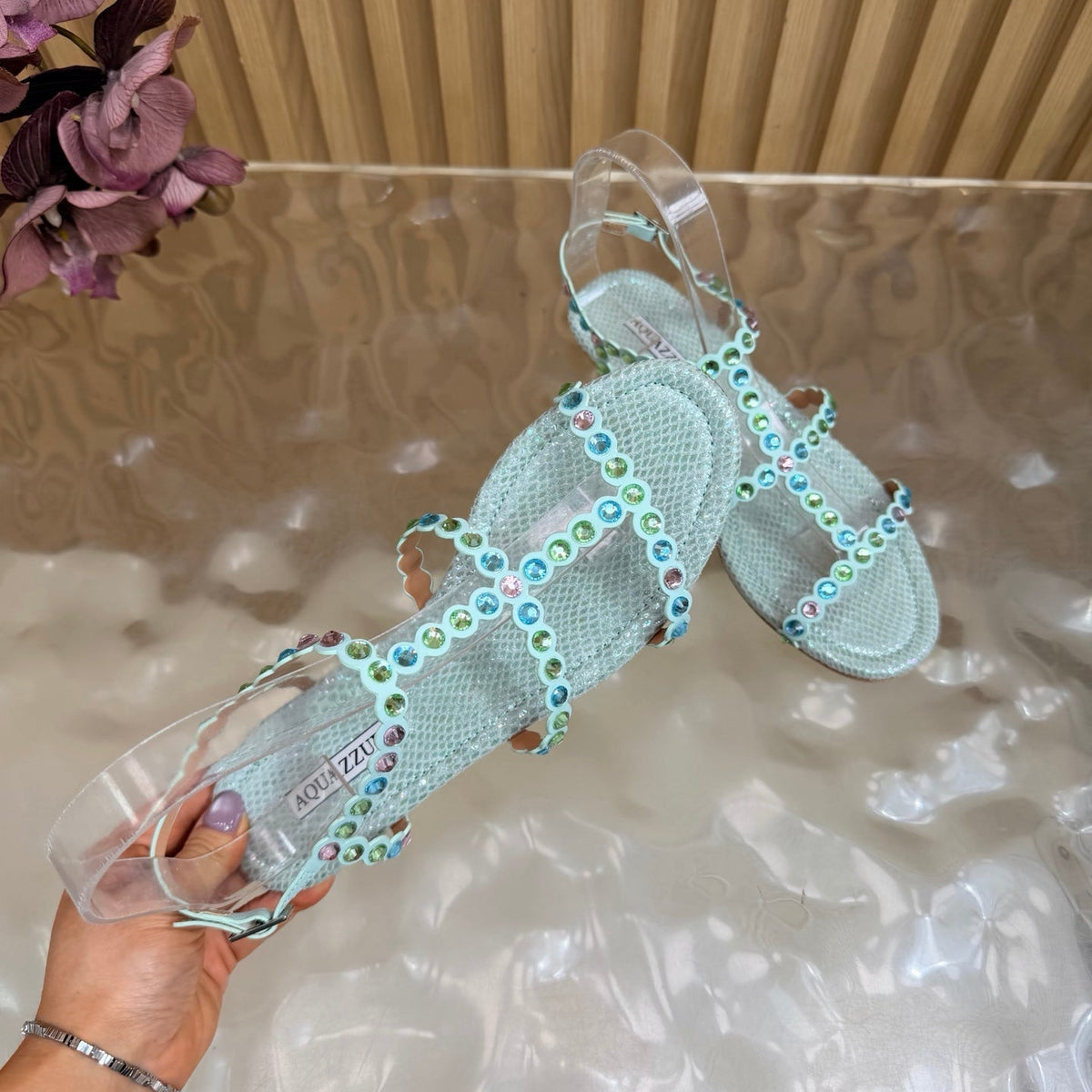 Aquazzura 26s Flat Sandals Light Blue Snakeskin Crystal Embellished 837261