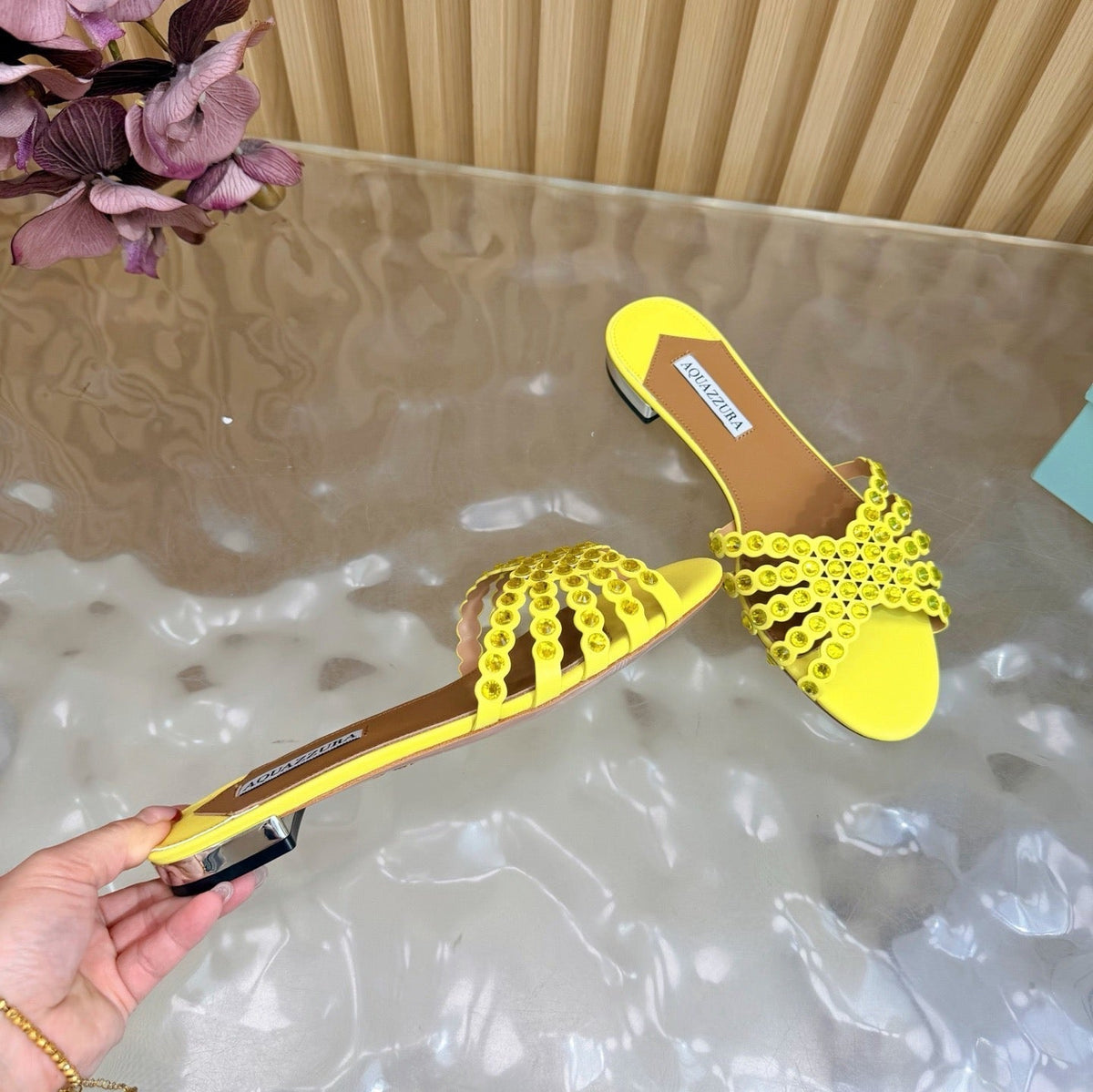 Aquazzura 26s Slides Yellow Calfskin Crystal-Embellished Straps 395104