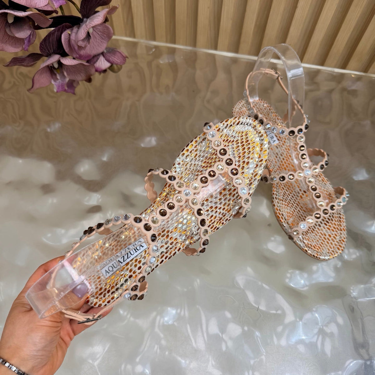 Aquazzura 26s Flat Sandals Beige Snakeskin Crystal Embellished 481953