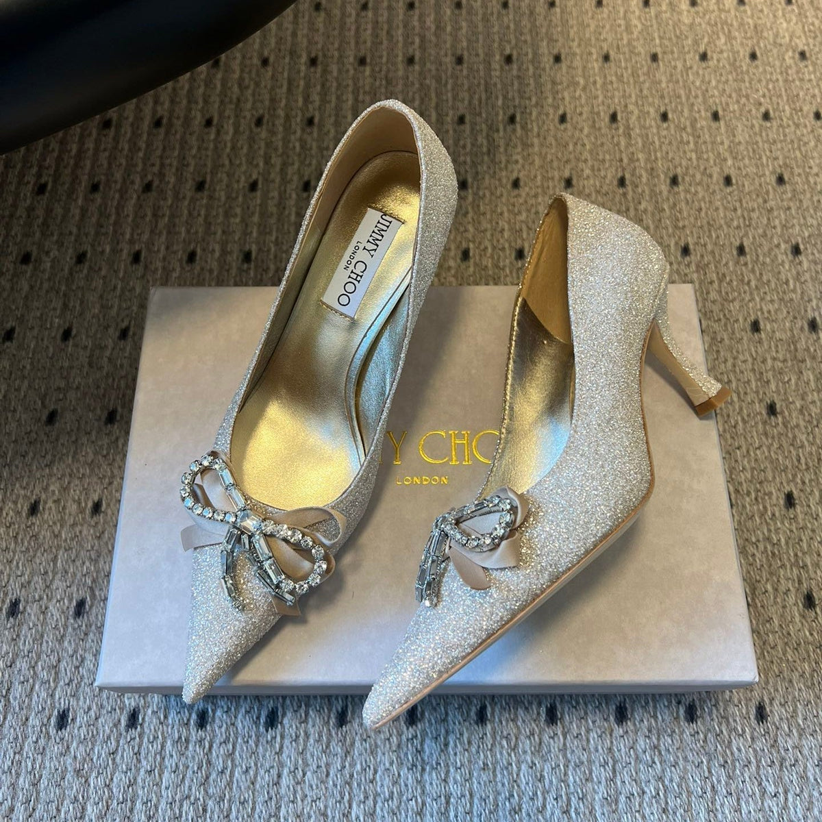 Jimmy Choo 26S High Heels 7.0cm Platinum Ice Glitter Fabric With Bow 841395