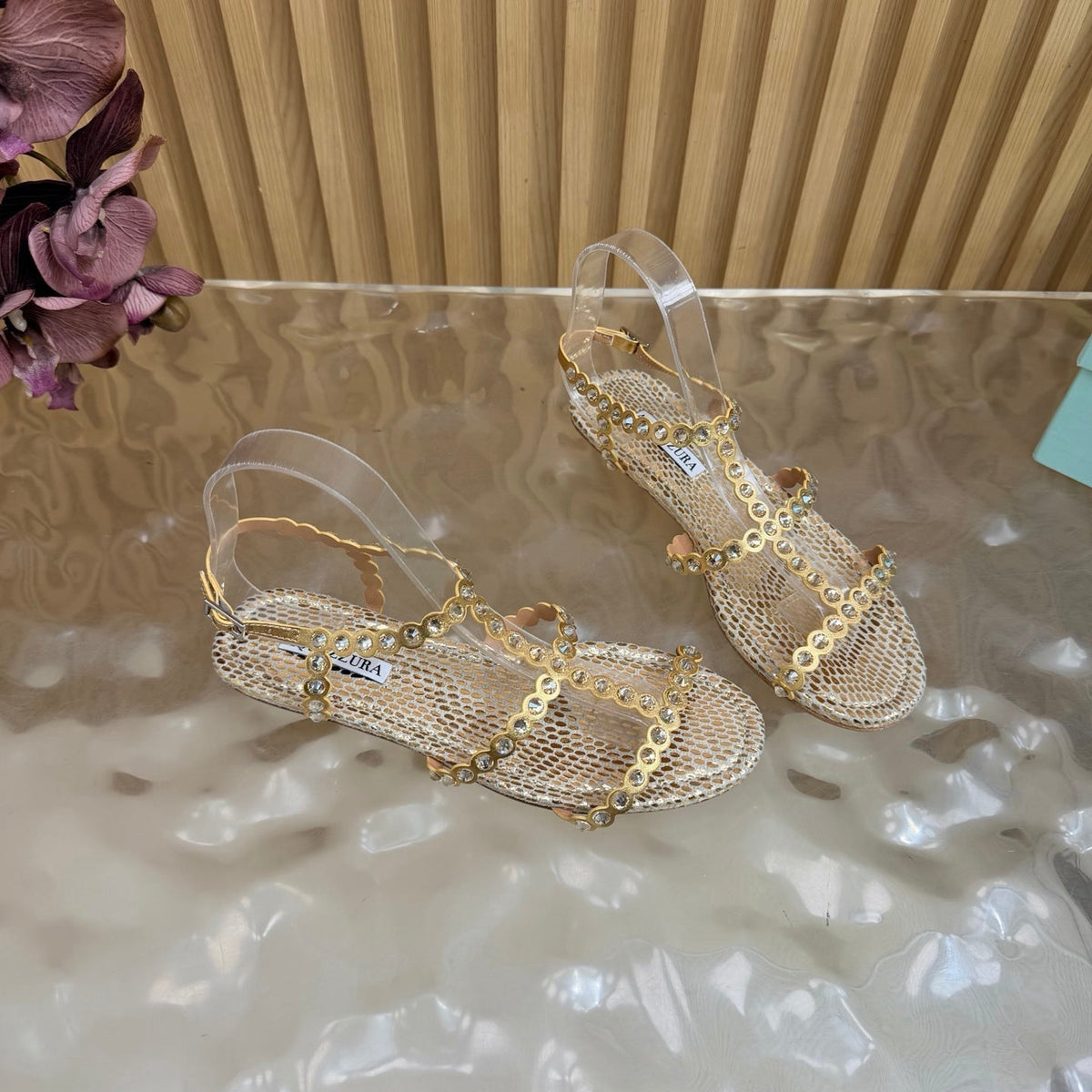 Aquazzura 26s Flat Sandals Gold Snakeskin Crystal Embellished 620483