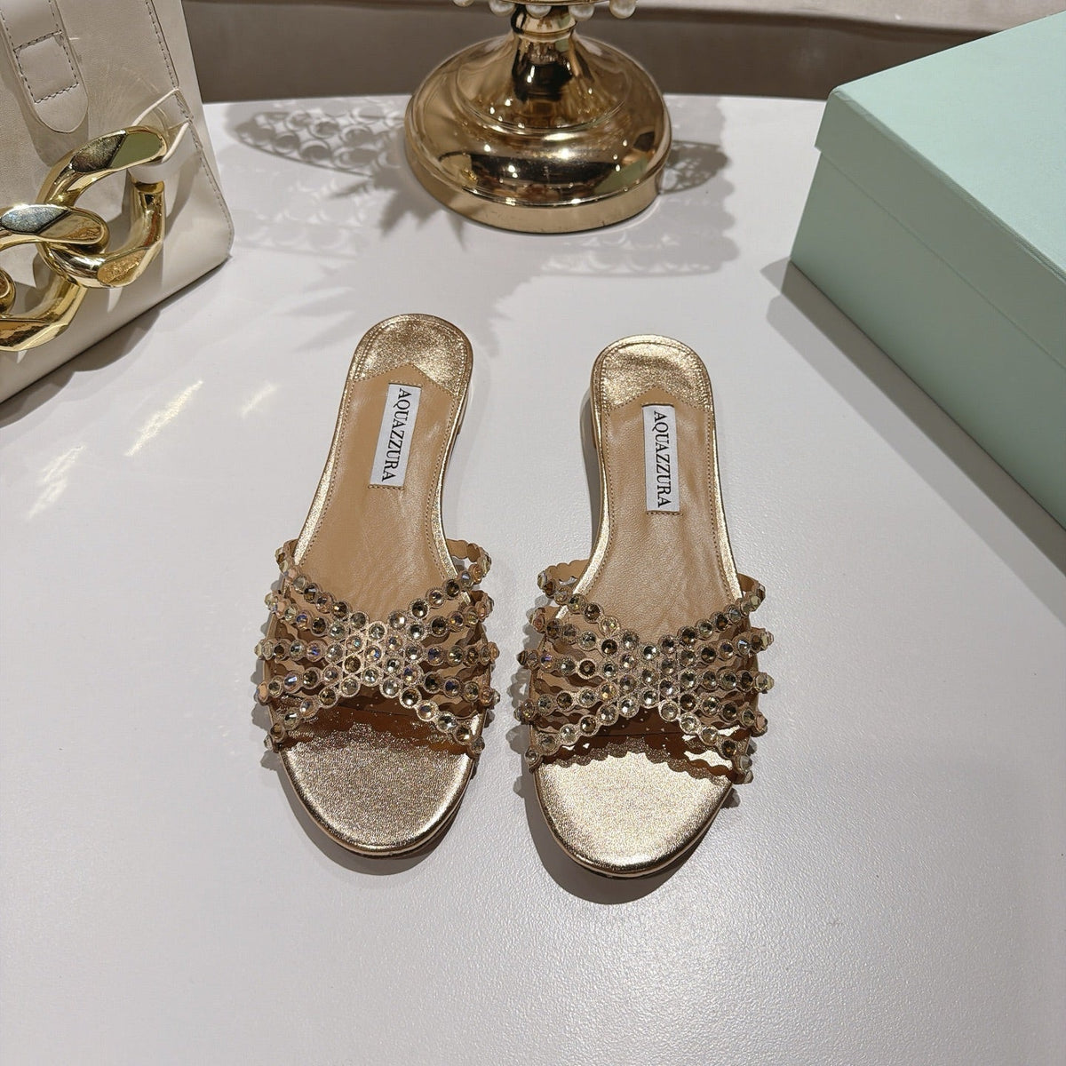 Aquazzura 26s Slides Light Gold Lambskin Crystal Embellished 501934