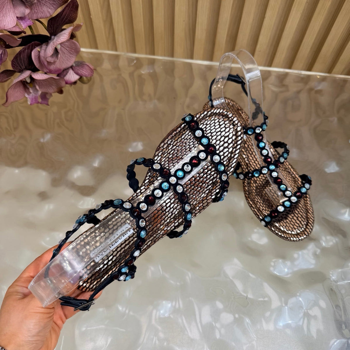 Aquazzura 26s Flat Sandals Bronze Metallic Snakeskin Crystal Embellished 831495